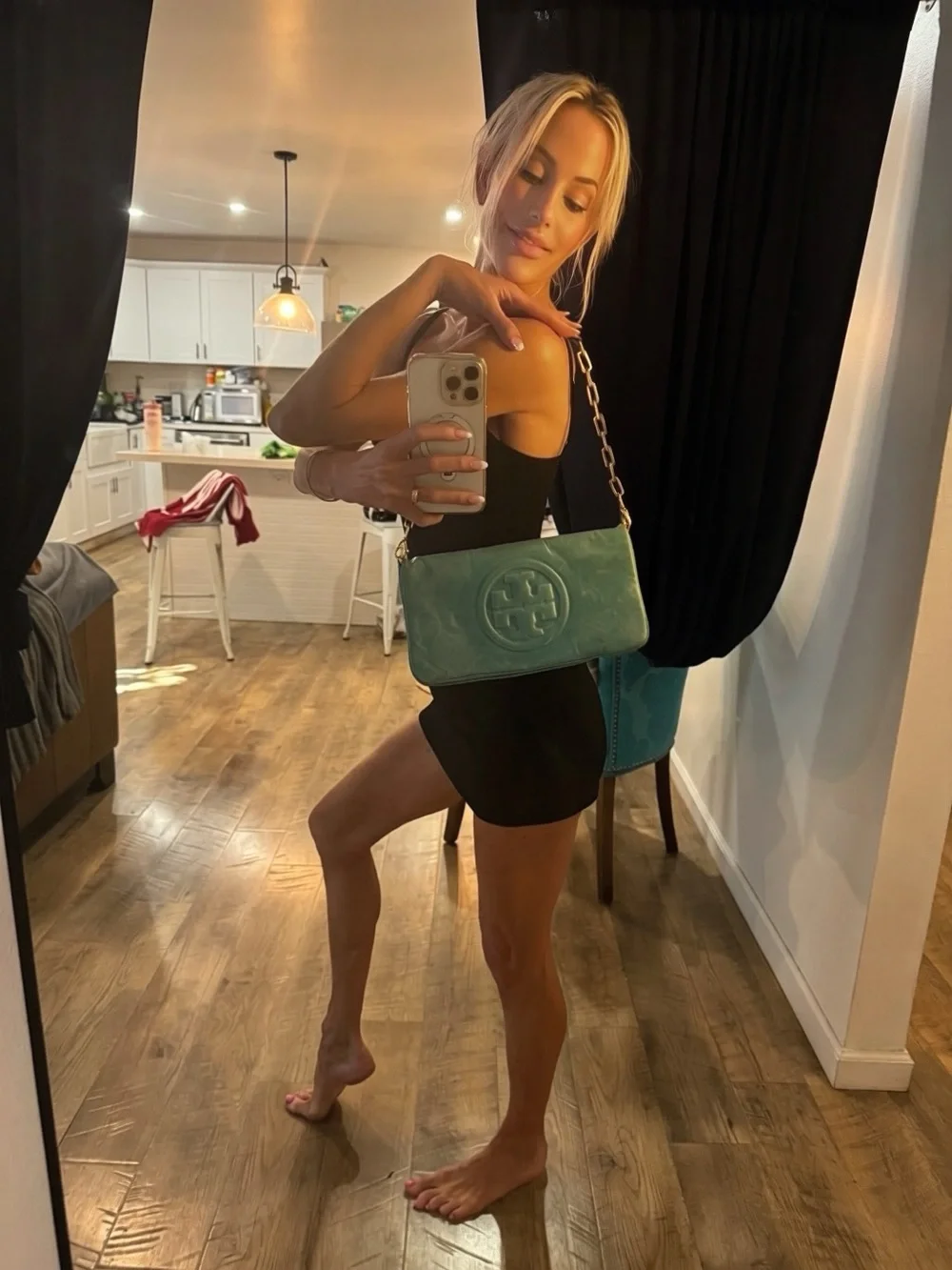 Tory Burch Teal Leather Logo Clutch with Gold Chain Strap